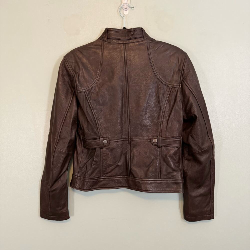 Giorgio Valentino Jacket Womens M Moto Biker Leather Mock Neck Zip Brown - Picture 2 of 10